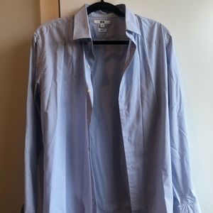 Blue-checkered dress shirt.